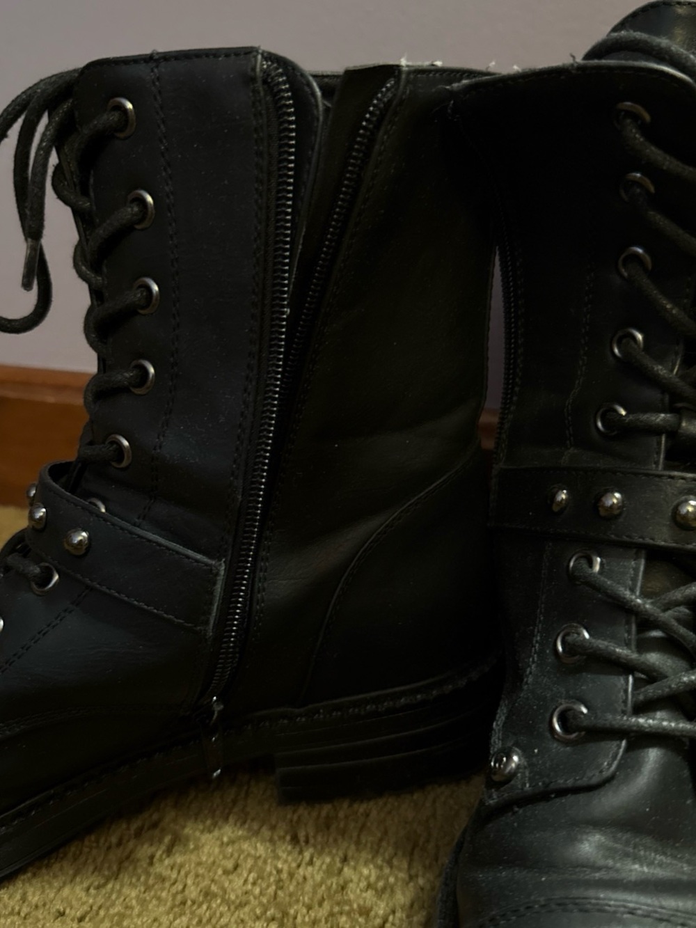 GBG Los Angeles Black Studded Lace-Up Combat Boots - Picture 2 of 3